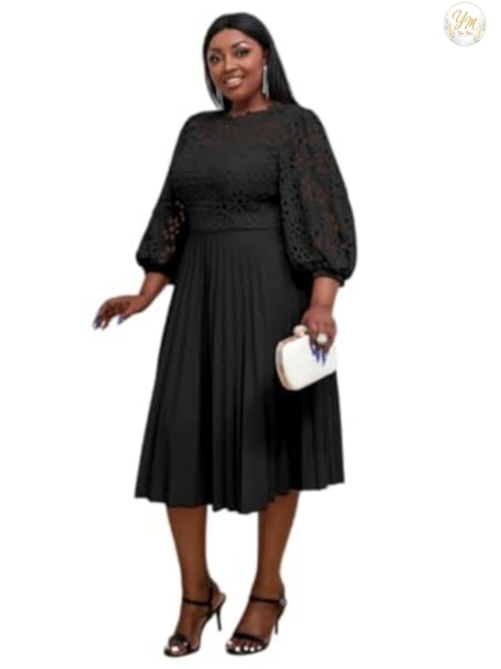 Women's Elegant Lace Patchwork A-line Midi Pleated Hollow Out Lantern Sleeve